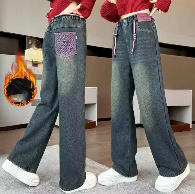Girls' Denim Wide Leg Pants Children Insulated Jeans for Girls Baby Warm and Thick Denim Pants for Girls Winter Trousers for Kids Teenagers