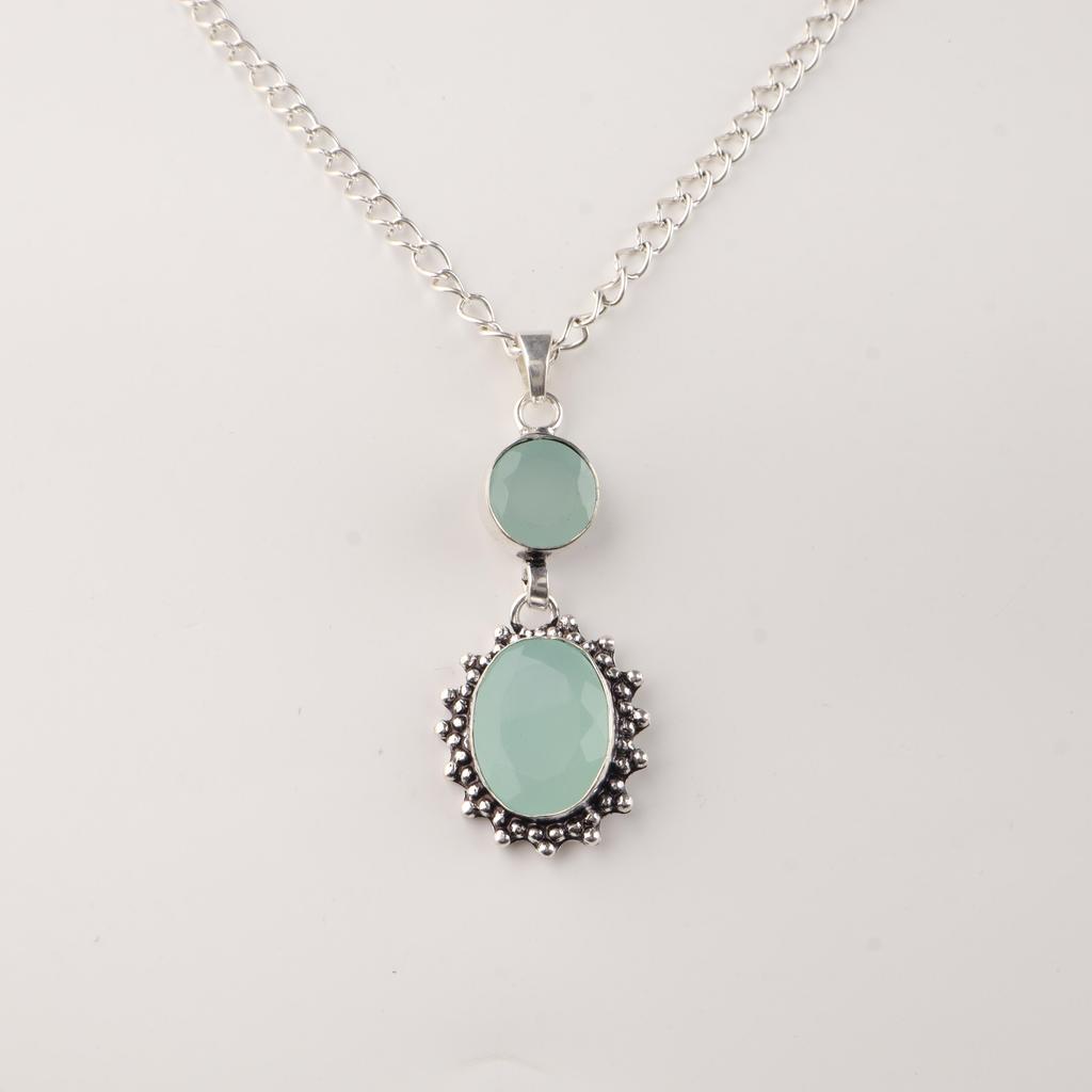 Aqua Chalcedony Gemstone 925 Sterling Silver Charm Pendant 1.7" Birthday Gift For Her VPP-4-16