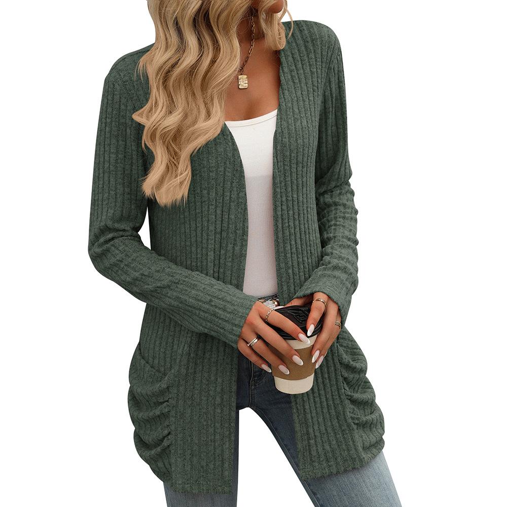 Outono e inverno feminino malhas cor sólida pit listra escovado bolso cardigan manga longa jaqueta