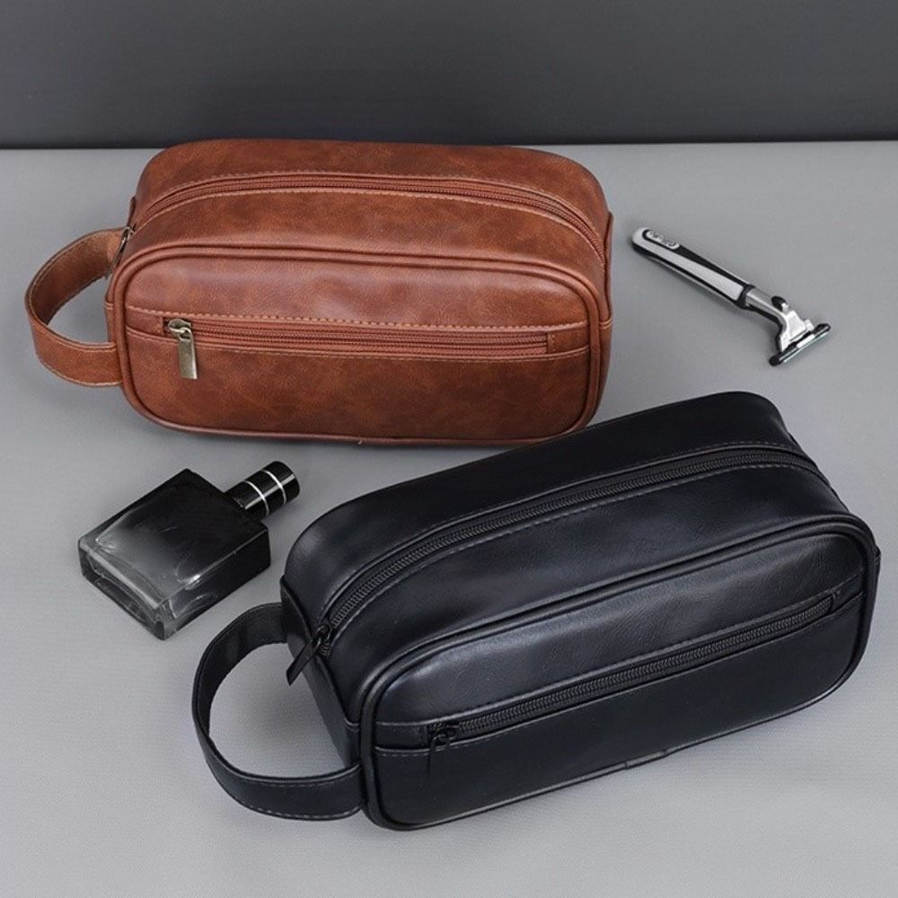 Handheld Cosmetic Storage Bag Zipper Makeup Pouch Portable Men Leather Wash Bag  Travel