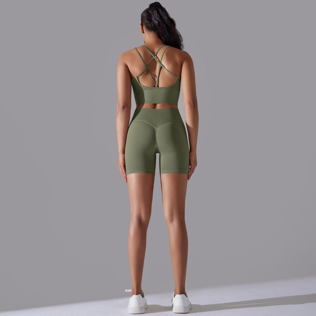 Seamless Knitted Solid Color Back High Elasticity Sports Tight Yoga Suit Set Running Fitness Two Piece Set