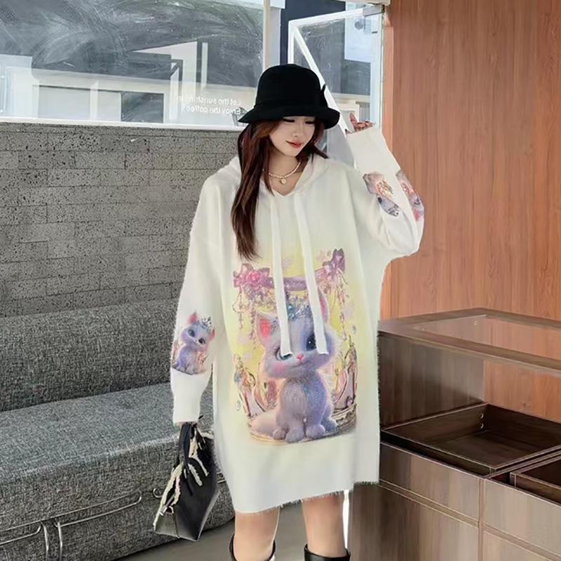 2024 Autumn Trendy Hooded Sweater Dress: Cute Cartoon Design, Mid-Length, Plus Size, Age-Reducing Style