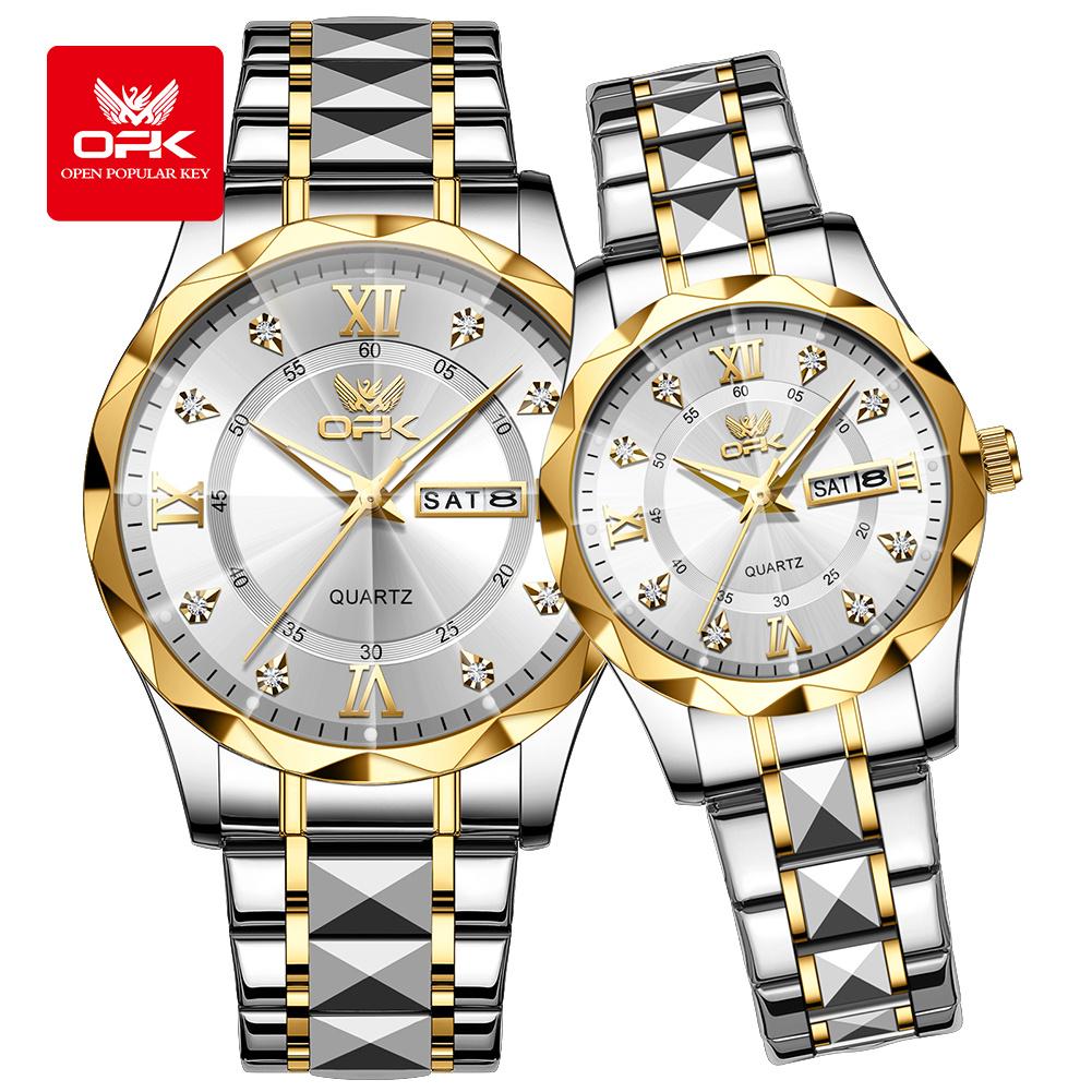 OPK Dual Calendar Waterproof Quartz Watch for Men And Women with Night Light Couple's Watch Cross-Border 6023