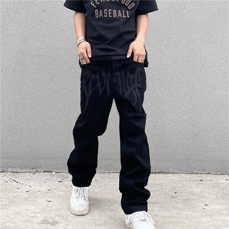 Unisex Black High-Waist Straight Jeans with Retro Embroidered Letters - Hip-Hop Street Style