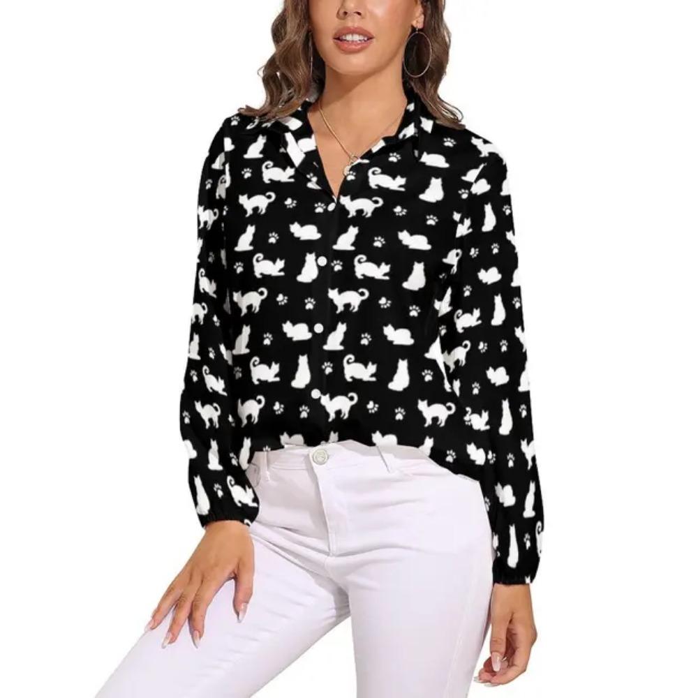 Black Cat Blouse For Women Cute Classic Cat Print Loose Blouses Long Sleeve Kawaii Shirts Spring Casual Clothing Big Size Blouse