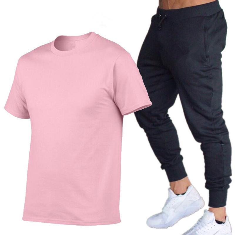 Herren Sommer Freizeit Shorts & Skinny Hosen Set - Baumwolle Rundhals T-Shirt & Lange Hosen