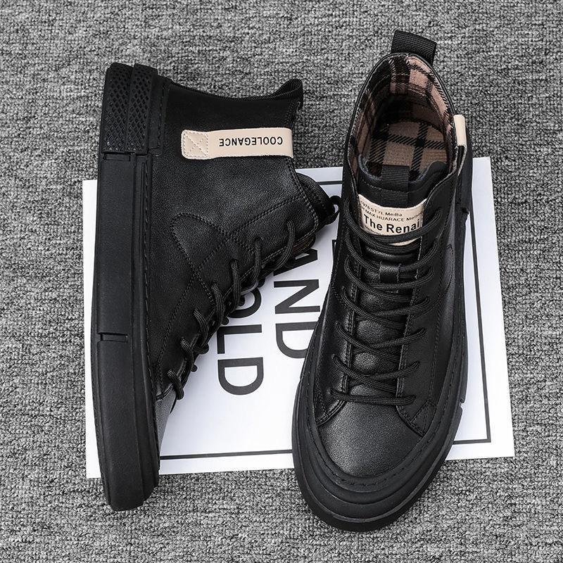 Valódi Bőr Cipők Férfi Magasszárú Divat Sneakerek Lapos Márka Fekete Fehér Cipők Menő Utcai Stílus Férfi Lábbeli