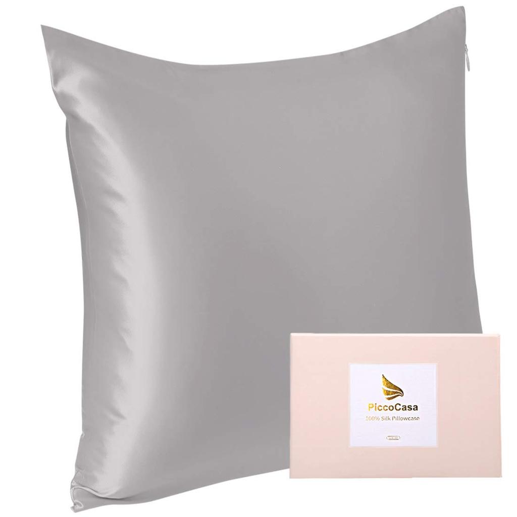 PiccoCasa Silk Pillowcase for Hair and 600 Thread on Each Silk Pillowcase with 80x80cm Skin, Count, 22" Side, "Momme" Zipper, Gray,