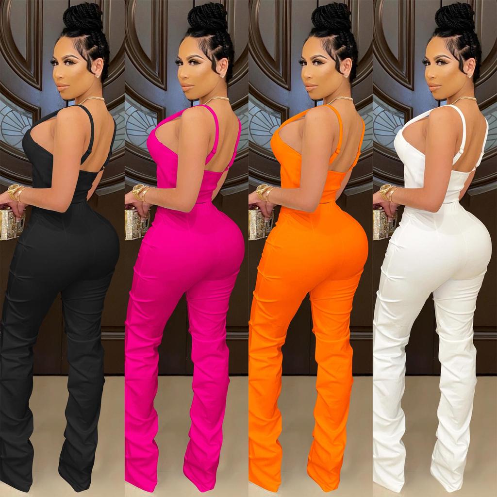 X5215 Women's Solid Color Sexy Camisole Bustier Zipper Vest and Long Pants Two-Piece Set