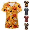 Camiseta informal de uniforme con estampado de Halloween de manga corta con cuello en V para mujer