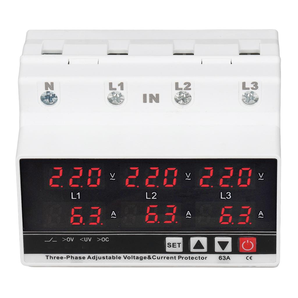 Undervoltage Protector DIN Rail Adjustable Overcurrent Protector AC120V‑300V 63A 3 Phase 3 Wire 4 Wi