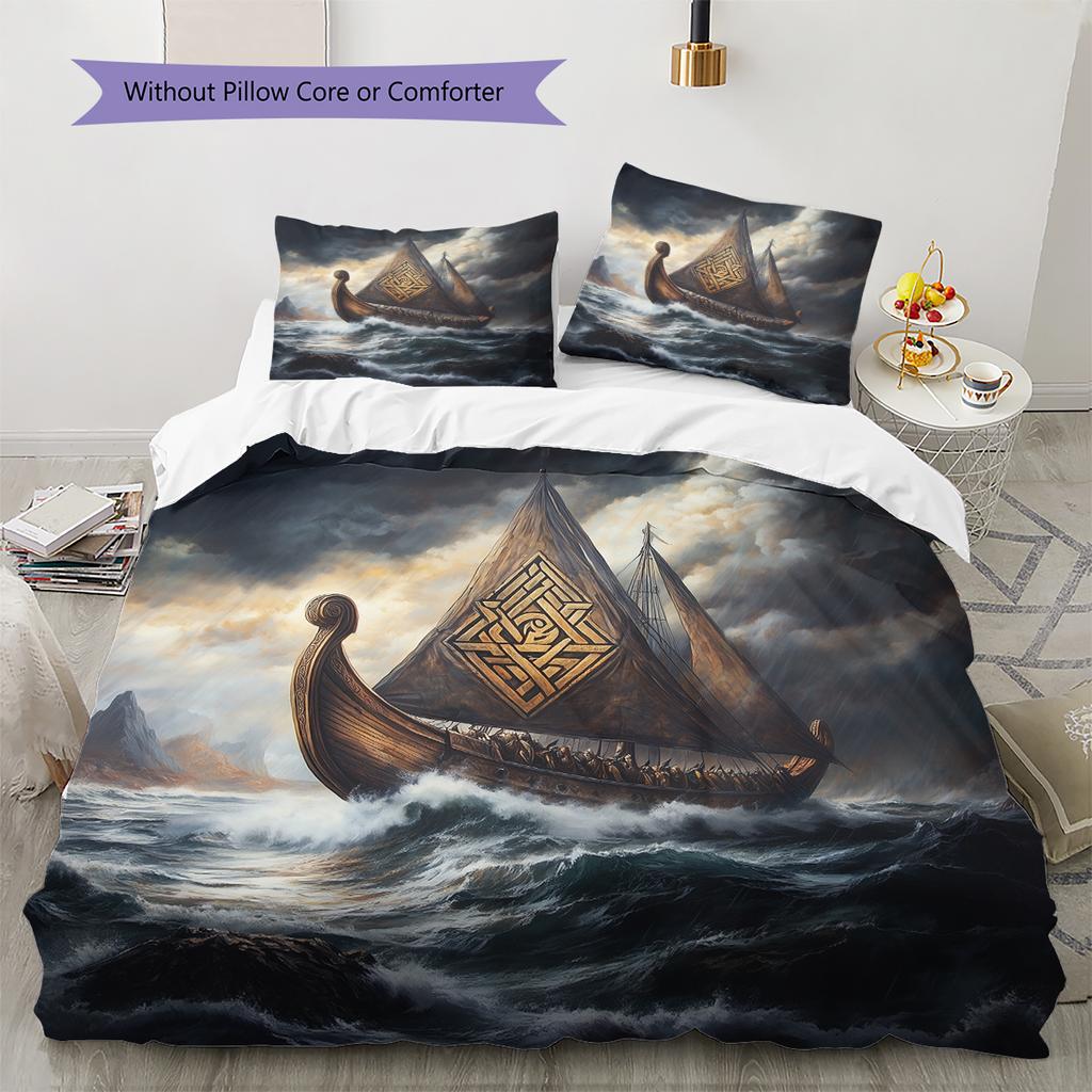 Viking Longship Pattern Bedding Home Decoration Birthday Gift (1 * duvet cover + 2 * pillowcase, without core)