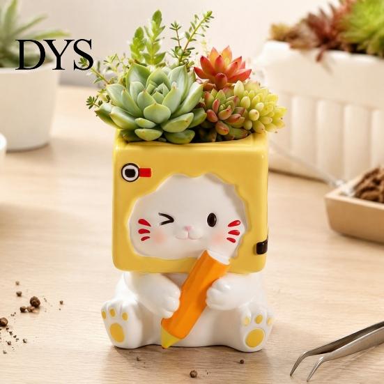 Small Resin Flowerpot Holding Pen Cat Planter Pot, Shaped Flowerpot, Office Desk Succulents Plants Container for Home Balcony Succulent Pot