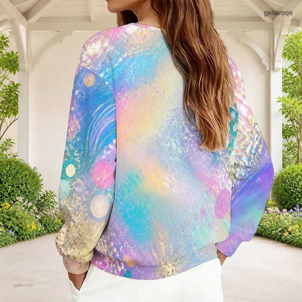 Women Plus Size V Neck Half Zip Multicolor Printed Long Sleeve Sweatshirt