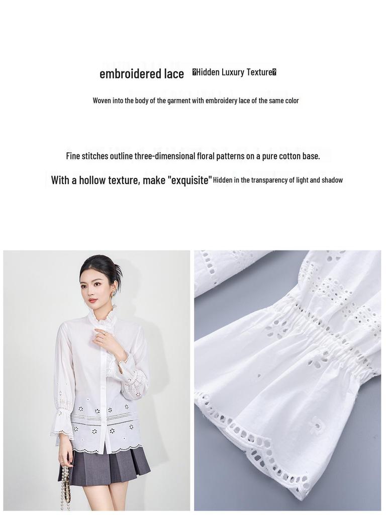 100% Cotton Romantic Lace Floral Stand Collar Embroidered Hollow Out Shirt Top