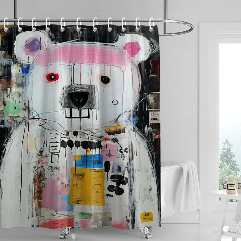 Edgy Cartoon Bear Shower Curtain - Yellow with Graffiti Text & Bold Colors, Waterproof with Grommets, Urban Bathroom Decor