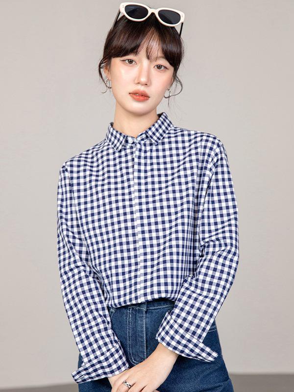 

Blue Checkered Long Sleeve Cotton Shirt - Women s Chic Autumn/Winter Blouse L