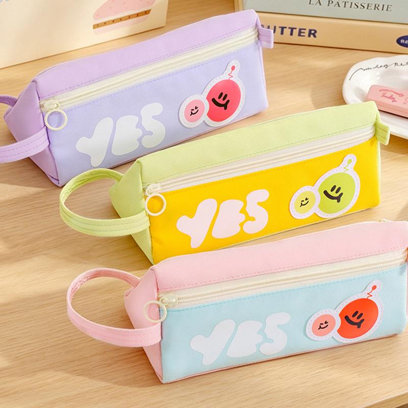 Cute Canvas Pencil Case Double Layer Large Capacity Portable Handle For School Students Stationery Storage