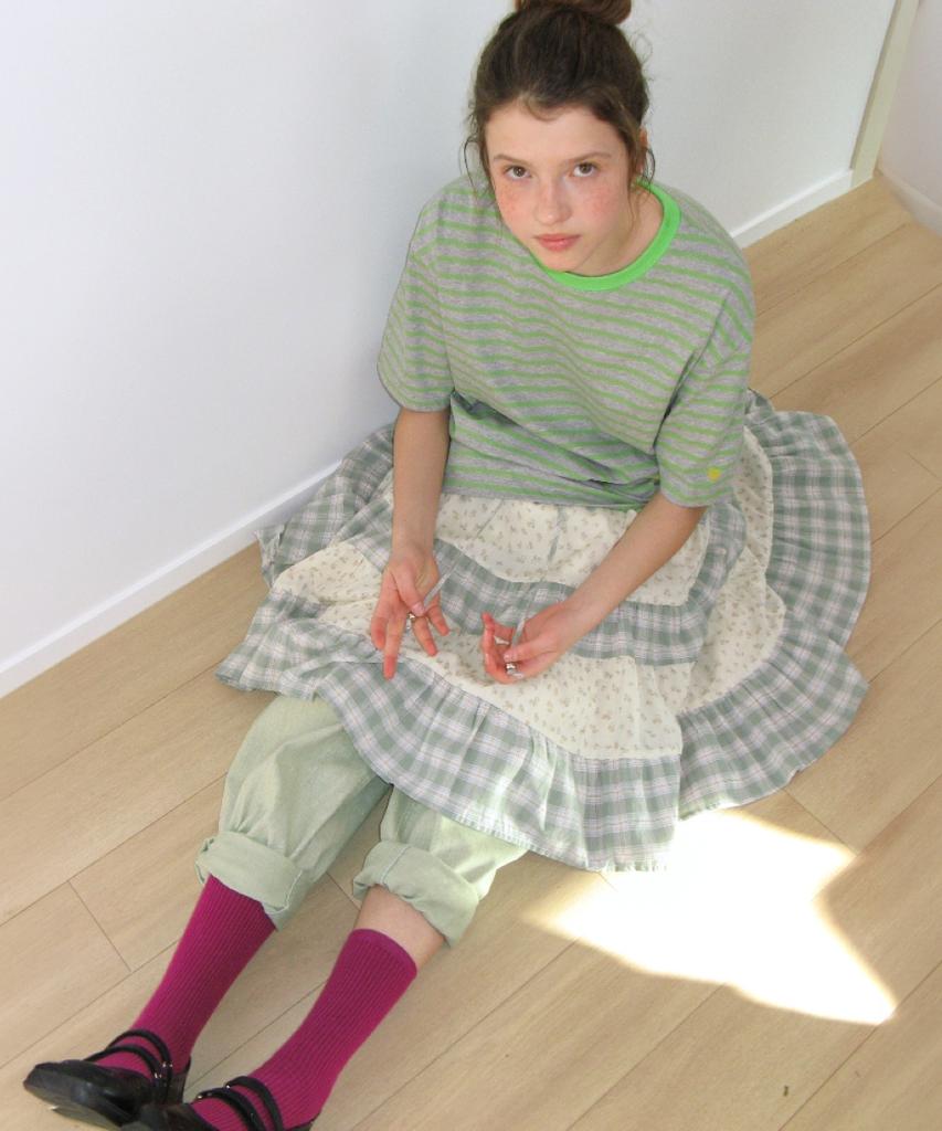 RONRON Floral Check Patchwork Mid Skirt Green
