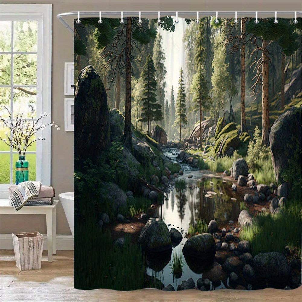 1Pc Extra Long Forest Stream Shower Curtain - Large Bath Curtain With Sunlit Pine Forest, Moss-Covered Rocks & Stream