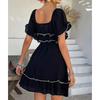 Women's Casual  Loose Black Fungus Edge Short Sleeved Dress Short Skirt  Short Skirt