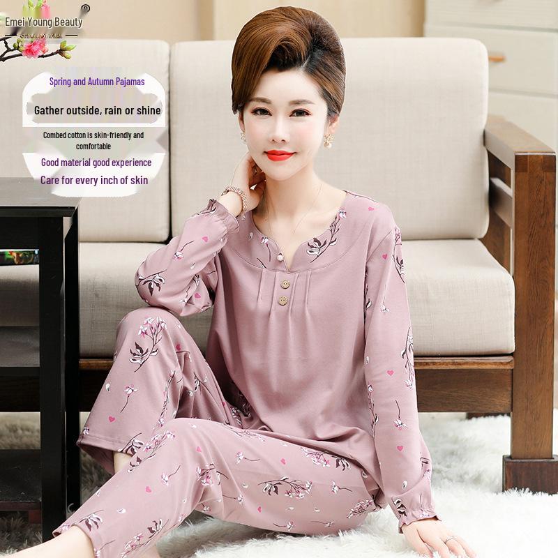 Women's Plus Size Knitted Cotton Home Wear for the Middle-Aged and Elderly - Suitable for Autumn and Spring