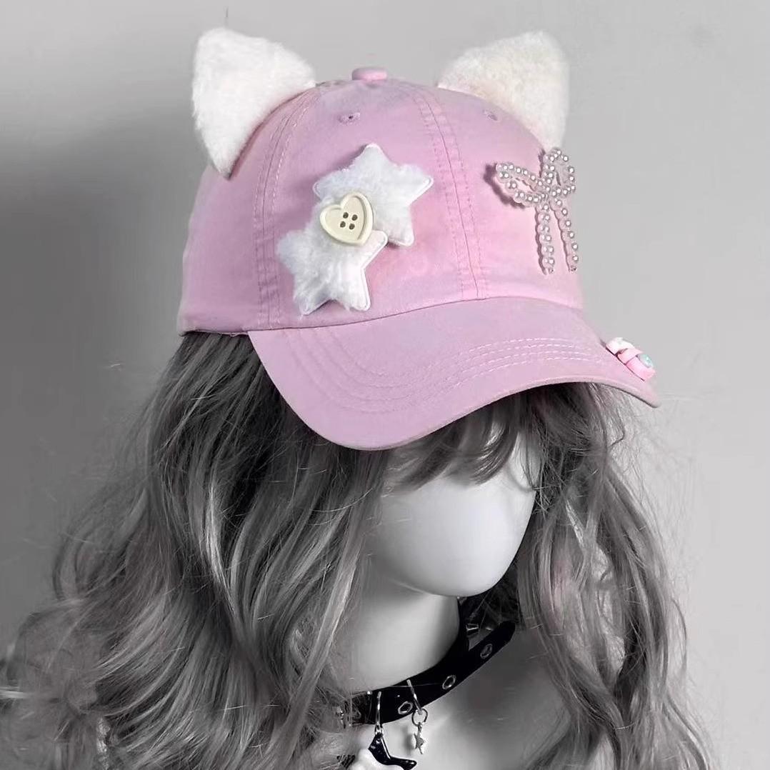 

2025 original design Kitty cartoon cat fries bow DIY niche ins college style cute One size fits all рожевий