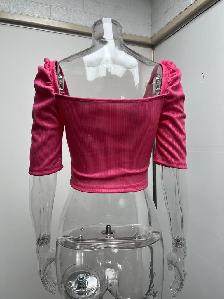 Women's Spring New Women's Simple Square Neck Puff Sleeve Top Women's Short Sleeve