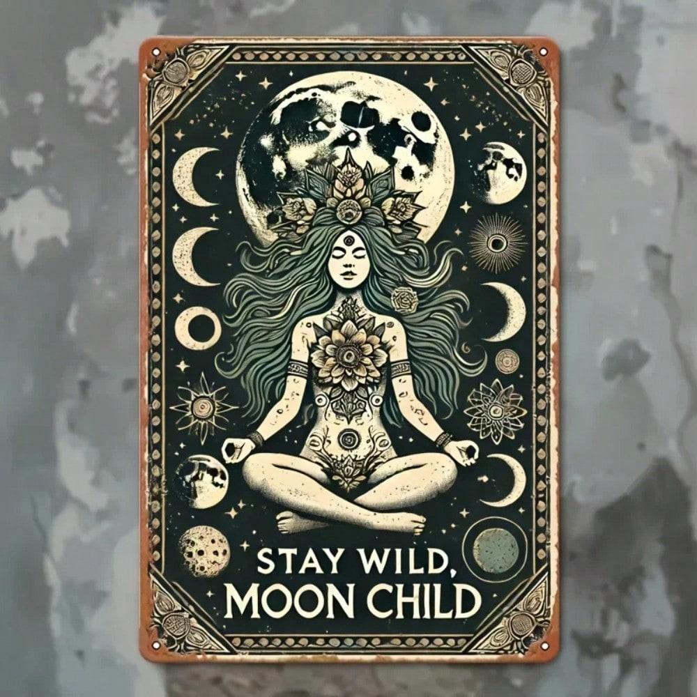 Vintage Metal Sign Celestial Moon Art Tinplate Wall Decor Easy Hang Rustic
