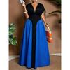 Plus Size V Neck Color Block Waist Cinched Midi Casual Dress For Women