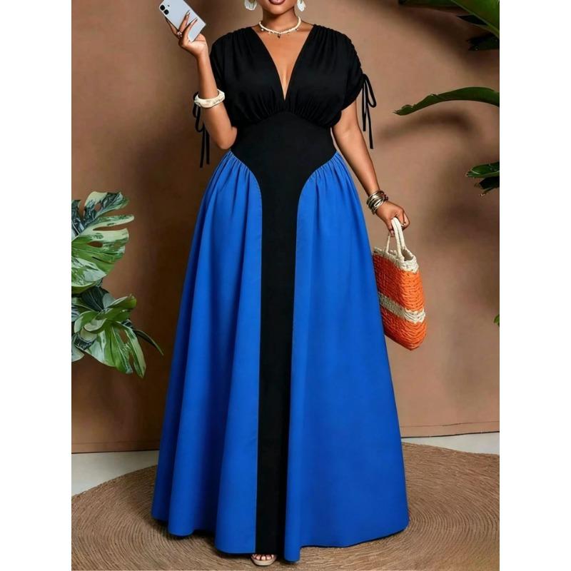 Plus Size V Neck Color Block Waist Cinched Midi Casual Dress For Women