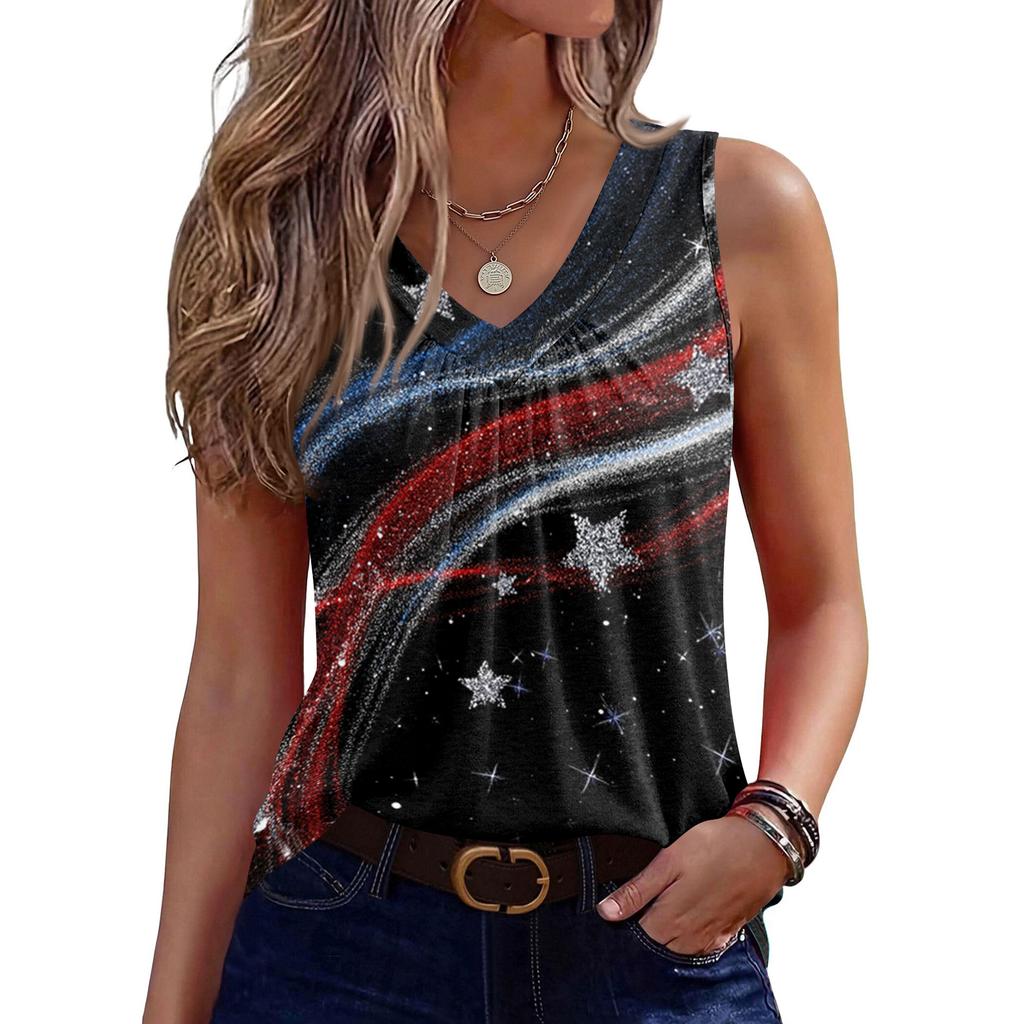 V-Neck Tank Top Women Print Tank Tee Casual Loose Fit Sleeveless Shirt