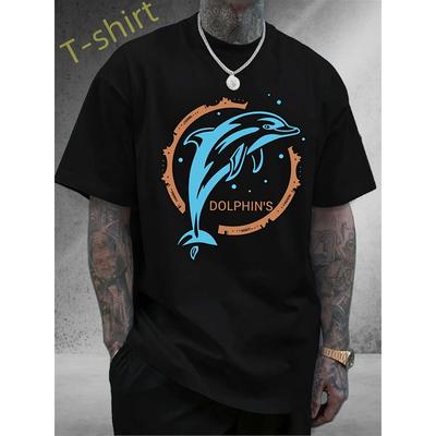 Taglie Europee T-shirt da Uomo Nera Stampa Retro Delfino & Animali Marini - Grafica Marina Blu & Arancione, Maglietta Traspirante Girocollo a Maniche Corte per l'Estate