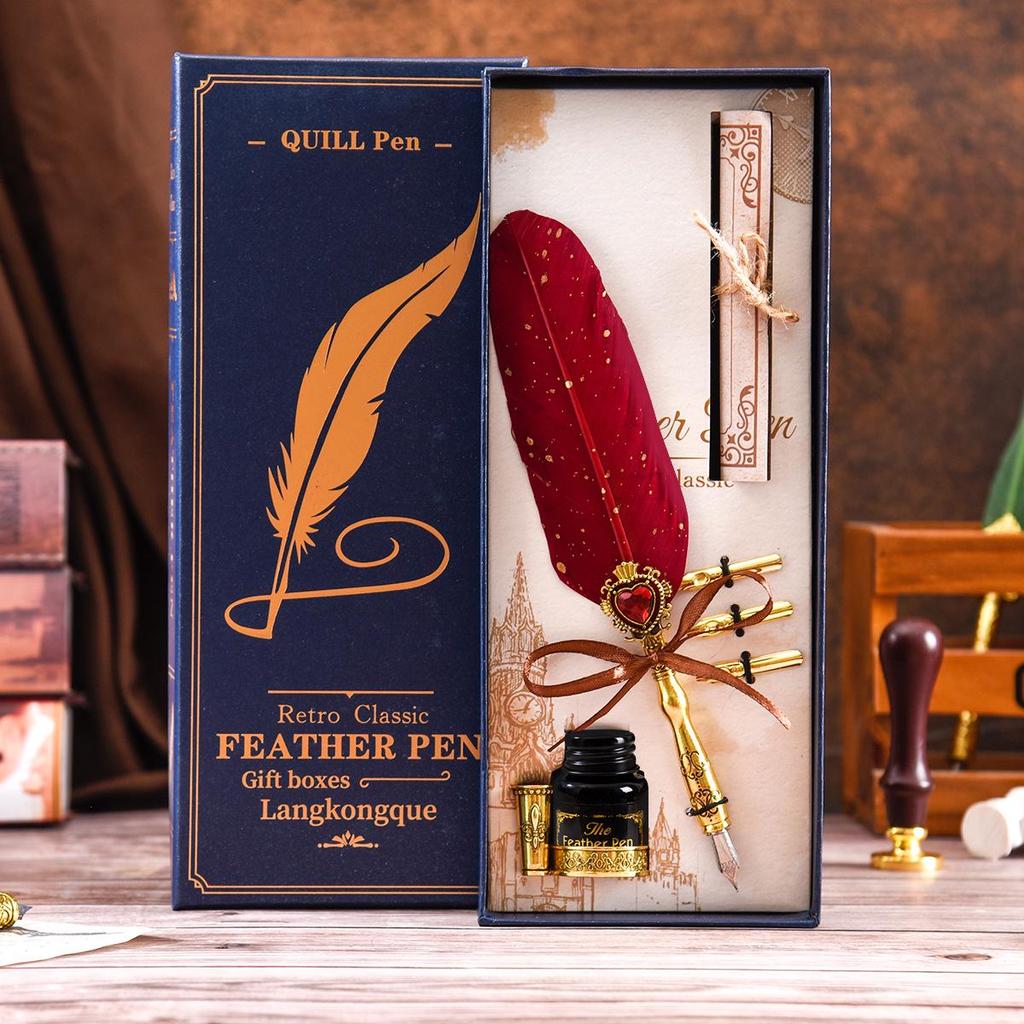 Blue Box Feather Gem Fountain Pen Gift Set: Original High-Value Calligraphy Practice Turkey Heart Dip Pen.