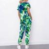 Women Plus Size Tropical Leaf Print Scrub Set Cutout Neck Short Sleeve Top With Pockets Long Pants