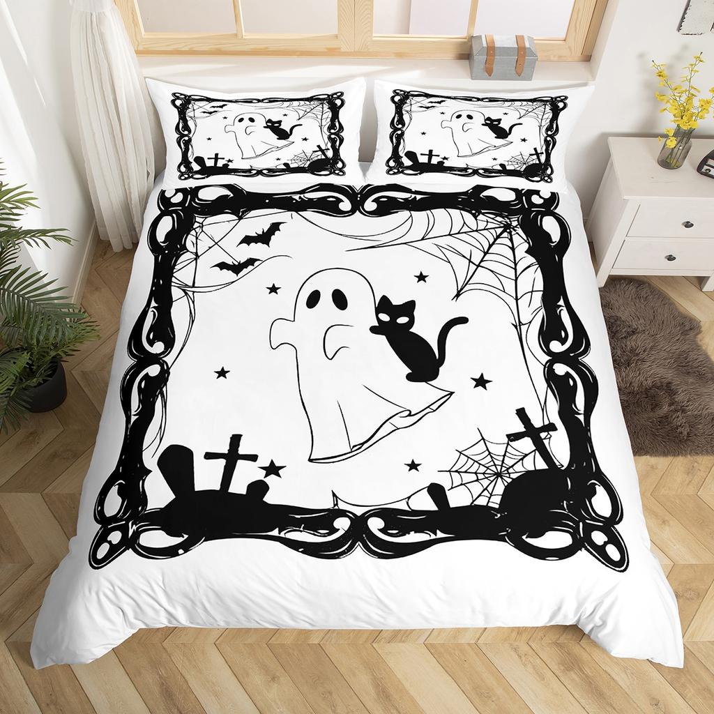 Homewish Funny Halloween Ghost Duvet Cover Set,Gothic Spider Web Bedding Set,Teens Boys Girls Kids Bed Set