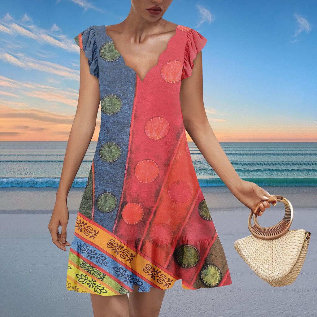 Women's Fashion Casual V Neck Wavy Edge Print Short Sleeve Dress