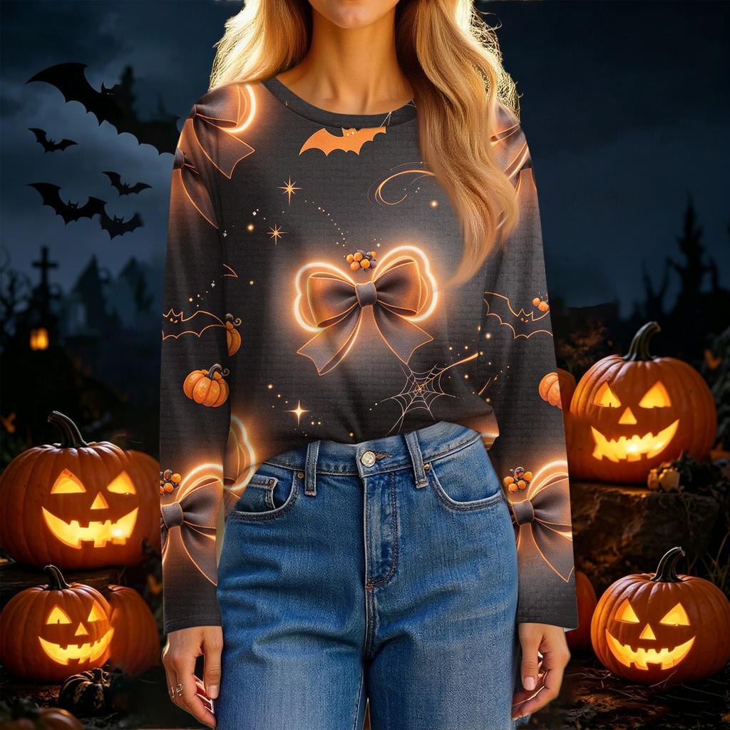 Women's Fashion Casual Long Sleeve Halloween Print Crewneck Top