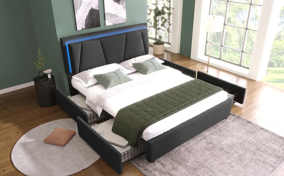 Upholstered Bed with LED Lighting and 4 Drawers, Height-Adjustable Headboard, Double 140x200cm Storage Frame, Slatted Frame, Grey (Without Mattress)