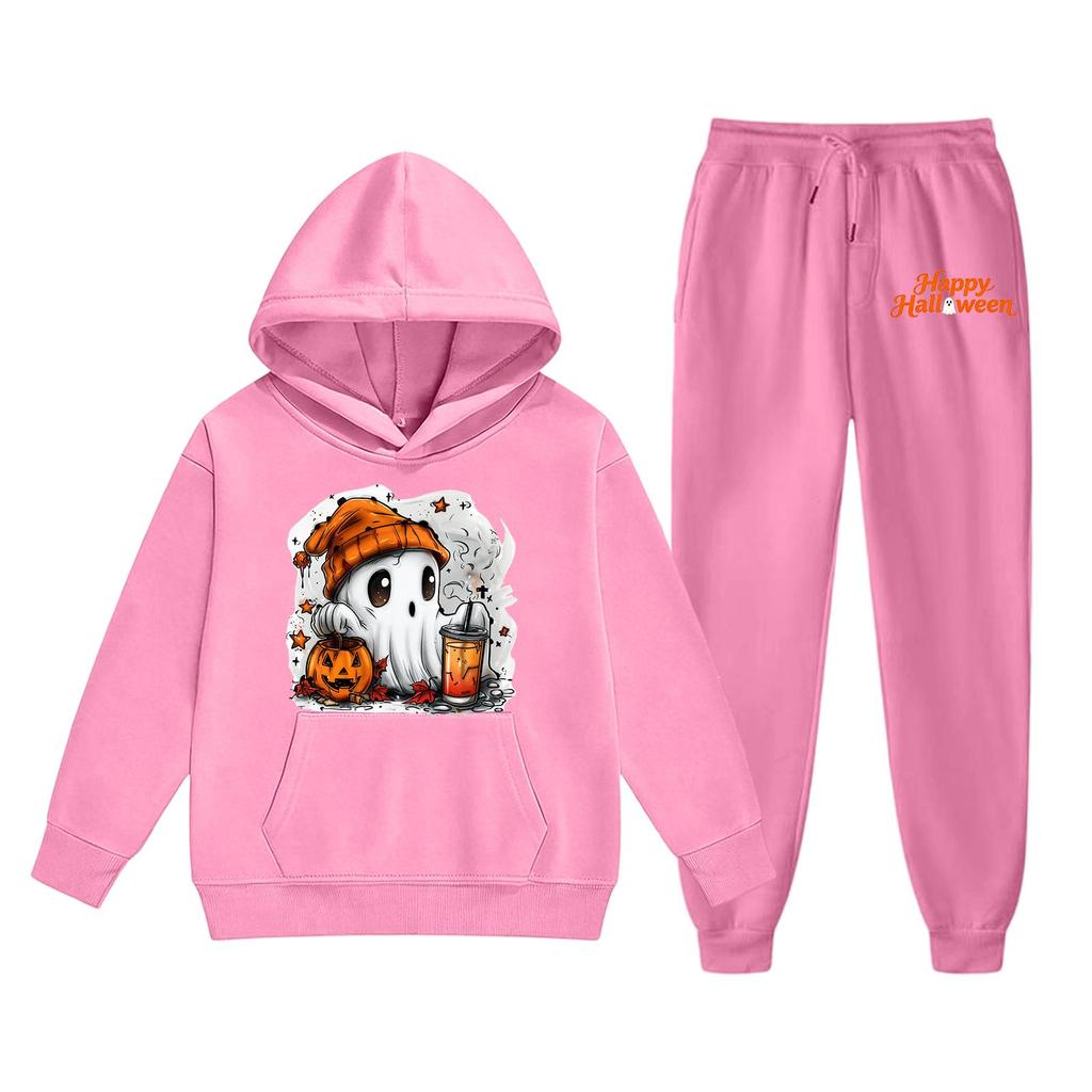 Kids Halloween Hoodie Set Ghost Print Pullover Sweatshirt with Matching Pants Comfortable Fit for Fall and Winter Seasonal Wear