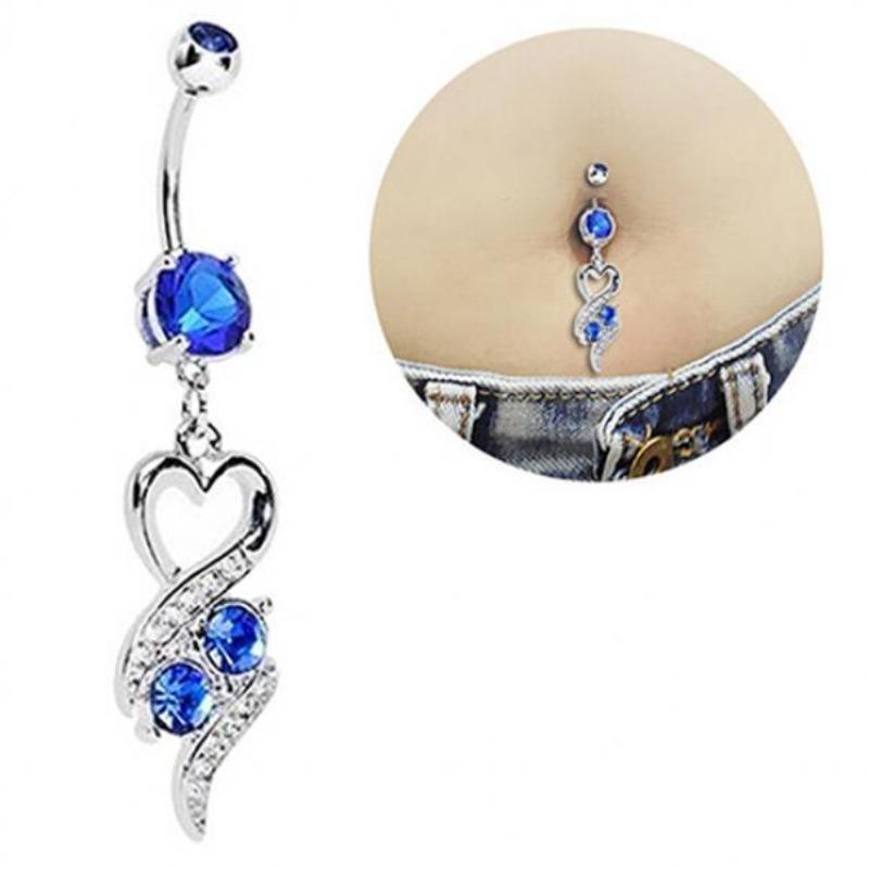 Fashionable Surgical Steel Belly Ring with Heart and Swirl Motif and Blue Crystals