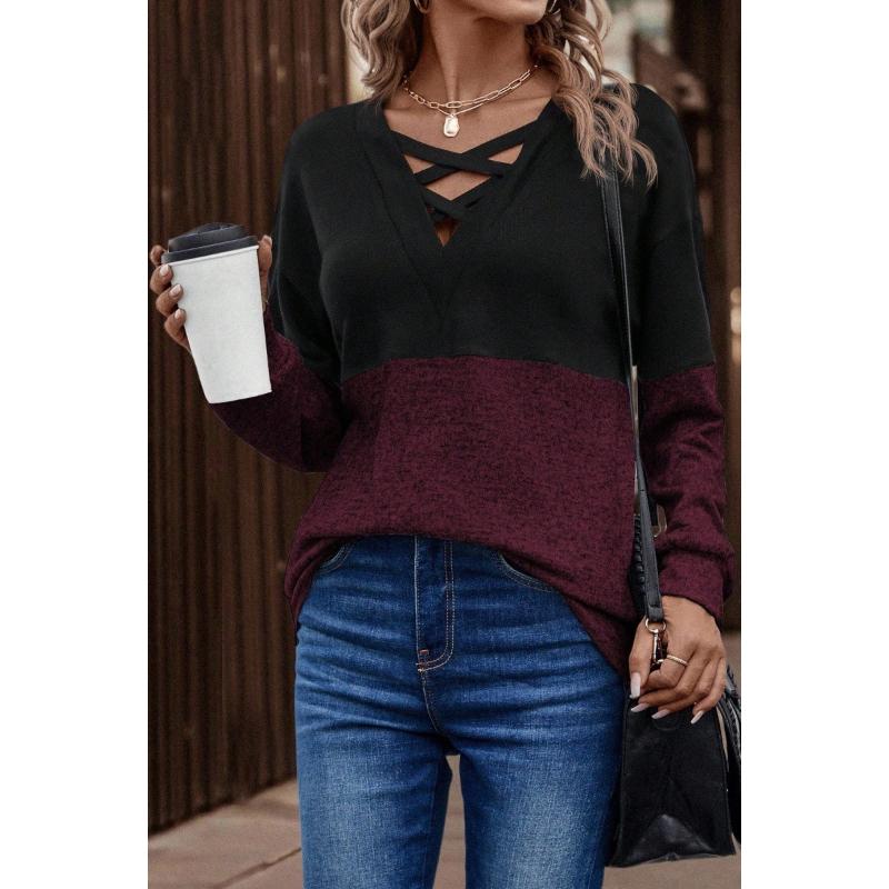 Plus Size Women’s Fashion Asymmetrical Neck Fashionable and Minimalist Colorblock Cross Front Drop Shoulder Top XS