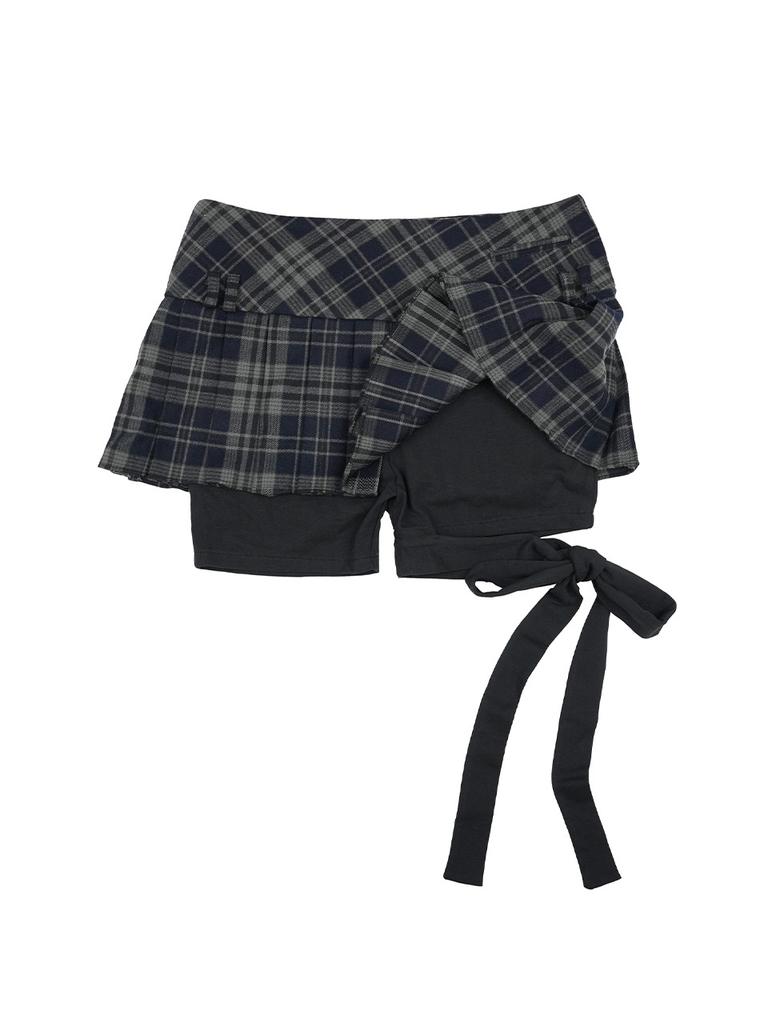 Elf Elf Elf Archives Check Ribbon Pleated Skirt [Navy]