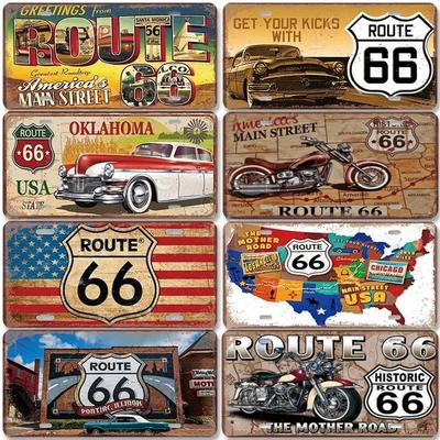 Segni Metallici Vintage in Latta Decorazione Targa Route 66 Moto Auto Poster Metallici Decorazione Murale per Garage Bar Pub Moto Club