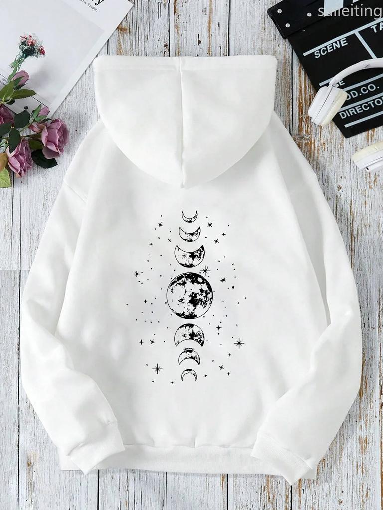 New with Different Moon Prints Front and Back Printed kangaroo pocket Hoodies Casual and Fashionable Women's Clothing
