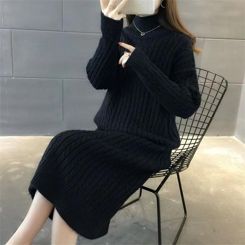 Knitted dress fashion with coat high collar autumn and winter new inner with medium and long bottom knee temperament sweater skirt