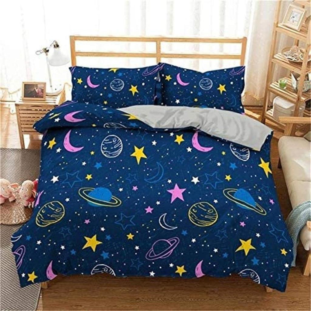Kawaii Glitter Stars Duvet Cover Twin Queen Psychedelic Space Cosmos Starry Sky Comforter Cover Colorful Star Galaxy Bedding Set