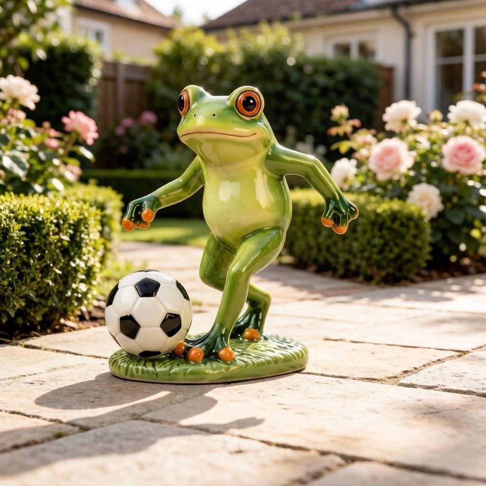 Weatherproof Frog Kicking Football Ornament Cute Frog Figurines Football Frog Sculpture Desktop