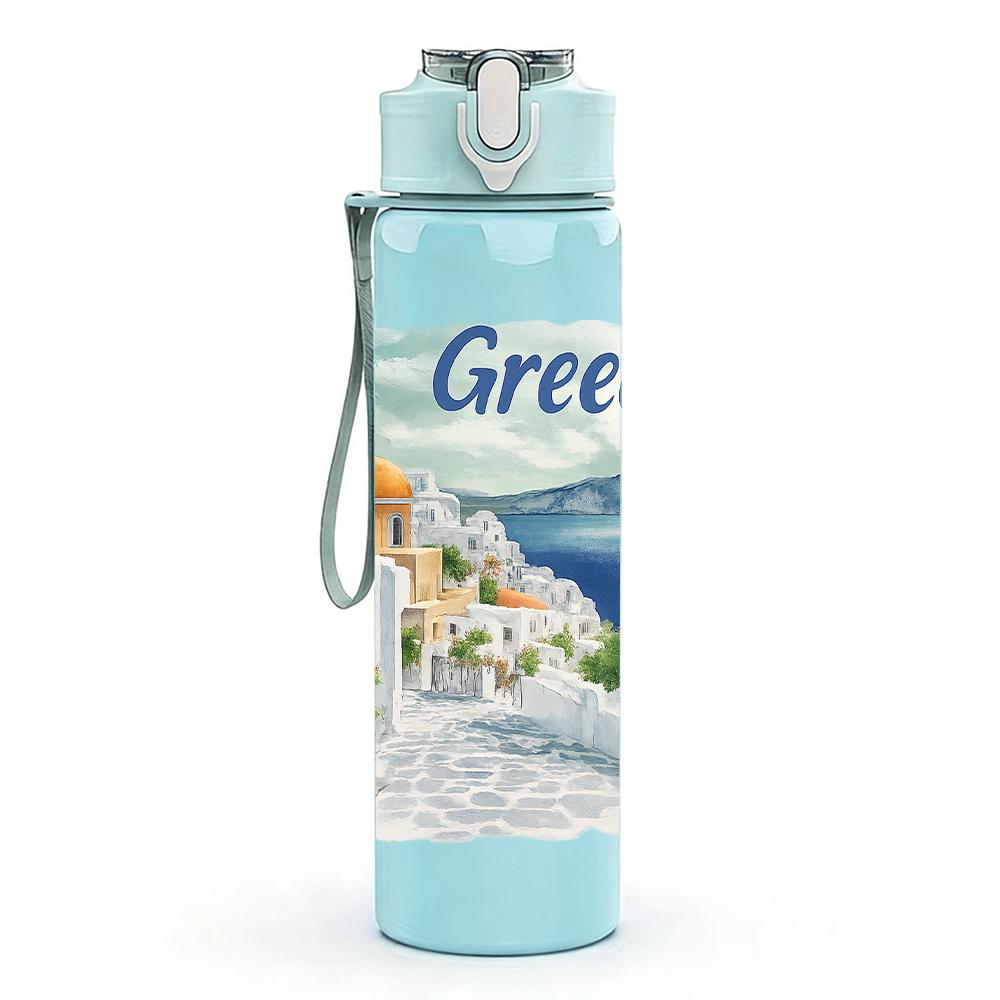 1PC Greece Santorini View 750ml Color Plastic Sports Water Bottle Leakproof Flip Straw Lid For Sports Office Home Use