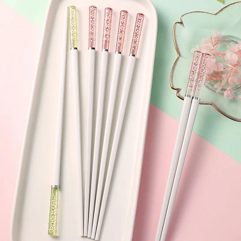 Japanese Chopsticks Alloy Amber Cherry Blossom Antibacterial Anti-slip High Temperature Resistant Reusable Kitchen Tableware